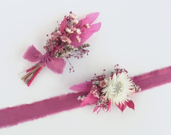 Hot Pink Corsage and Boutonniere Set, Dried Flower Wrist Corsage for Prom or Wedding