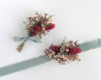 Pink and Sage Green Small Bracelet Wrist Corsage with Matching Boutonniere, Dried Flower Set for Prom