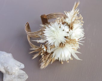 Wrist Corsage with White and Neutral Dried Flowers, Gold Bracelet Cuff for Prom and Wedding