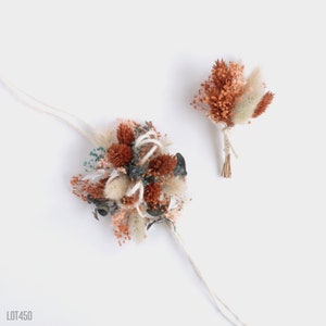 Corsage Boutonniere Set, Dry Flower Mix in Burnt Orange Teal and Peach, Baby&#39;s Breath and Eucalyptus, Desert Boho Wedding or Prom Accessory
