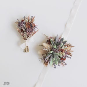 Corsage and Boutonniere Set, Natural Dried Flowers with Artificial Succulents, Mix of Dry Flowers and Herbs, Boho Rustic Style