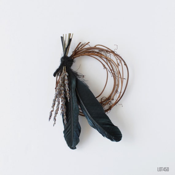 Grapevine Wreath with Black Feathers & Dried Lavender, Small Accent Gothic Halloween Decoration, Modern Boho Minimalist