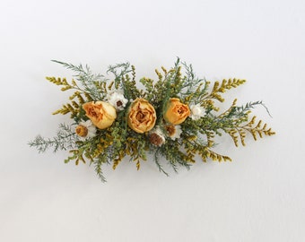 Hair Clip with Dry Flowers, Boho Wedding Hair Piece, Rustic Yellow Barrette with Roses and Fern