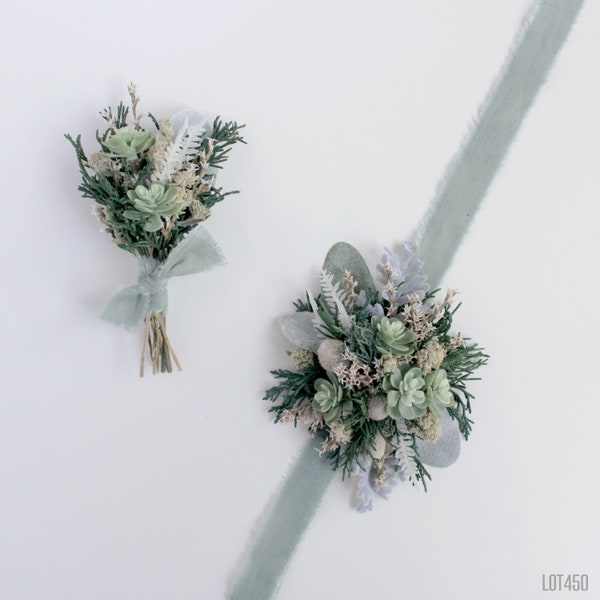 Sage Green Wrist Corsage and Boutonniere Set, Succulents and Evergreens, Winter Boho Christmas Holiday Corsage and Bout Set