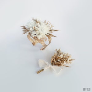 White Wrist Cuff Corsage and Boutonniere Set, Boho Dried Flowers for Prom image 1