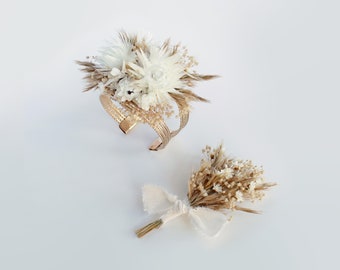 White Wrist Cuff Corsage and Boutonniere Set, Boho Dried Flowers for Prom