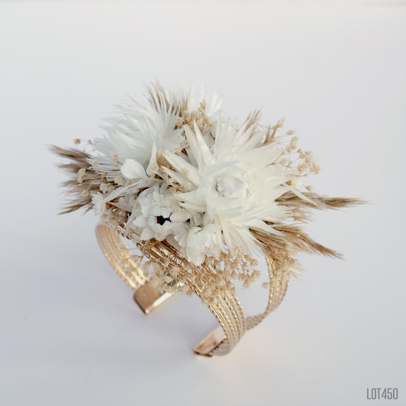 White Wrist Cuff Corsage and Boutonniere Set, Boho Dried Flowers for Prom image 2