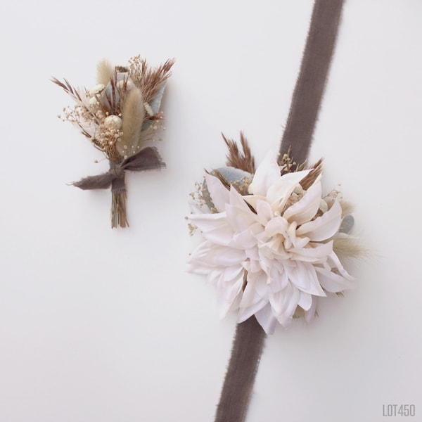 Corsage Wristlet or Pin On with Matching Boutonniere, Corsage Set for Prom or Wedding, Neutral Fall Colors