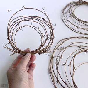 May include: A set of three grapevine wreaths, the smallest measuring 5 inches in diameter. The wreaths are made of natural brown grapevine branches.