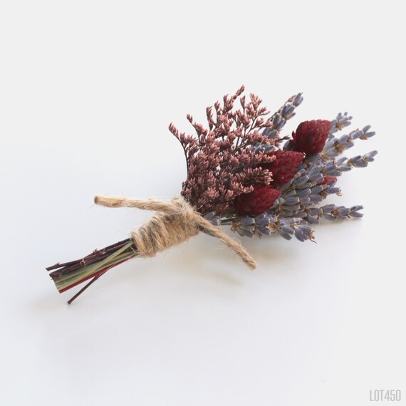 Burgundy Dry Flower Boutonniere with Lavender, Wedding Lapel Pin for Groom, Rustic Farmhouse