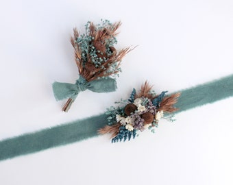 Wrist Corsage and Boutonniere Set, Teal Blue Wildflower Boho Prom and Wedding Accessories