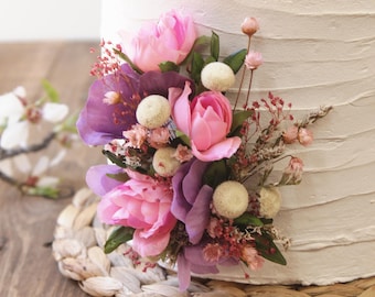Floral Cake Pick, Pink and Purple Spring Cake Decorating, Mixed Dried and Artificial Flowers