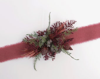 Small Bracelet Corsage, Wrist Corsage with Dried Burgundy Flowers and Fern