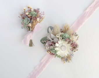 Pink Wrist or Pin Corsage and Boutonniere Set with Mixed Dry Flowers, Boho Florals Prom or Wedding