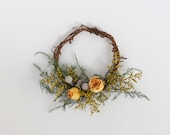 Small Spring Grapevine Wreath, Little Accent Wreath, Yellow Dry Flowers with Fern, Boho Farmhouse Decor