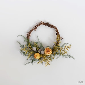 Small Spring Grapevine Wreath, Little Accent Wreath, Yellow Dry Flowers with Fern, Boho Farmhouse Decor image 1