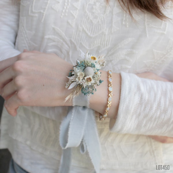 Blue Corsage Bracelet , Small Wrist Corsage, Dry Flowers, Wedding, Prom Accessory