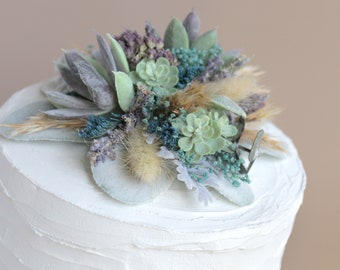 Blue and Lavender Boho Wedding Cake Topper, Dried Flowers and Succulents, Floral Cake Top Decoration