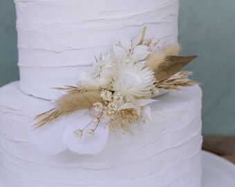 Dry Flower Pick for Cake Decorating, Dried Flower Pic, Tiered Cake Florals, Boho White and Gold with Feathers