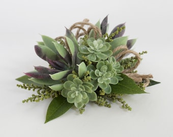 Wrist or Pin On Corsage, Faux Succulents and Greenery, Modern Rustic Boho Wedding Flowers