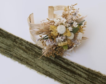 Yellow and Green Dried Flower Corsage, Gold Cuff Bracelet, Velvet Ribbon Wrist Wrap, Wedding or Prom Flowers