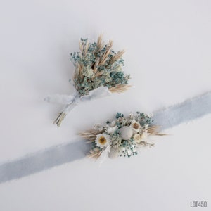 Blue Boho Wrist Corsage and Boutonniere Set,  Prom and Wedding Accessories, Dried Wildflowers
