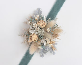 Boho Beach Corsage, Teal and Neutrals, Wedding or Prom Wrist or Pin On Corsage