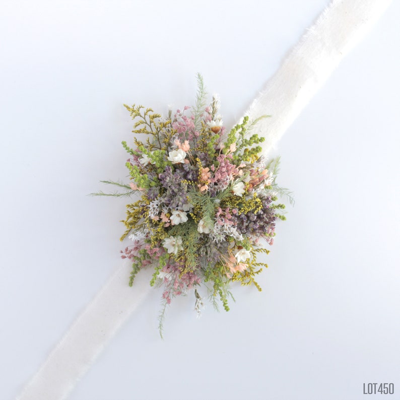 Wildflower Wrist Corsage, Pin on Corsage, Boho Garden Mix of Dried Flowers, Spring Summer Colors image 1