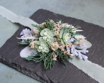 Winter Boho Wrist Corsage, Sage Green Succulent Corsage, Wristlet or Pin On, Christmas Holiday Wedding or Prom