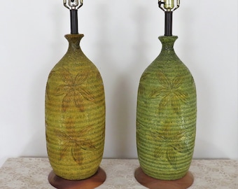Pair of Ceramic Sgraffito Table Lamps Mid Century Modern Lemon & Lime Bitossi Style