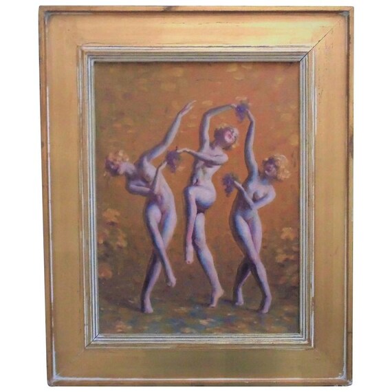 Art Deco Portrait Painting 3 Muses Nudes Oil On Canvas In Gilt Wood Picture Frame Women Ladies Art Deco Portrait Painting 3 Muses Nudes Oil On Canvas In Gilt Wood Picture Frame Women Ladies