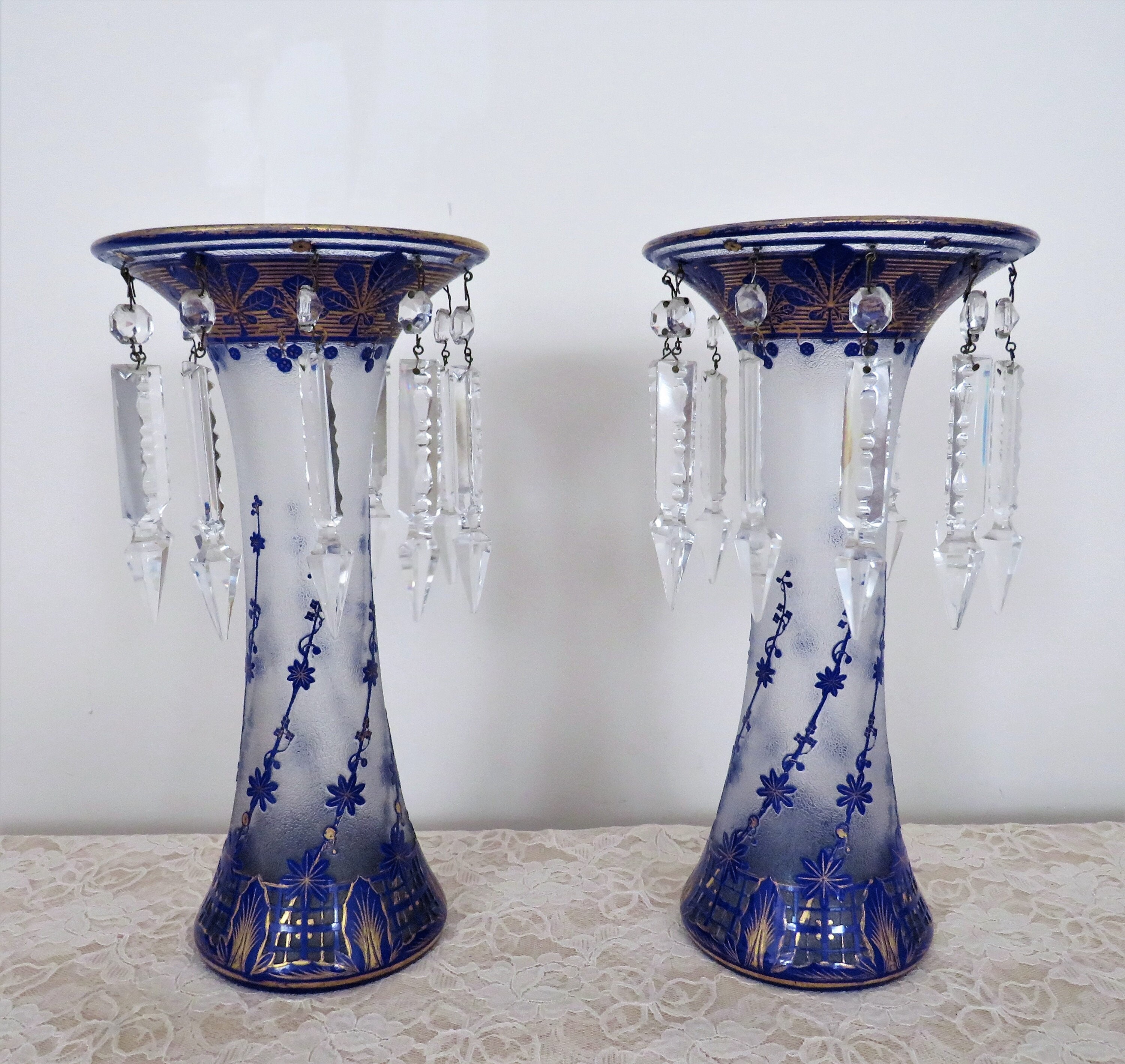 Amazing Pair Of French Vases/Mantle Lusters Cobalt Blue Cut Cameo Glass Chipped Ice Attributed To Baccarat