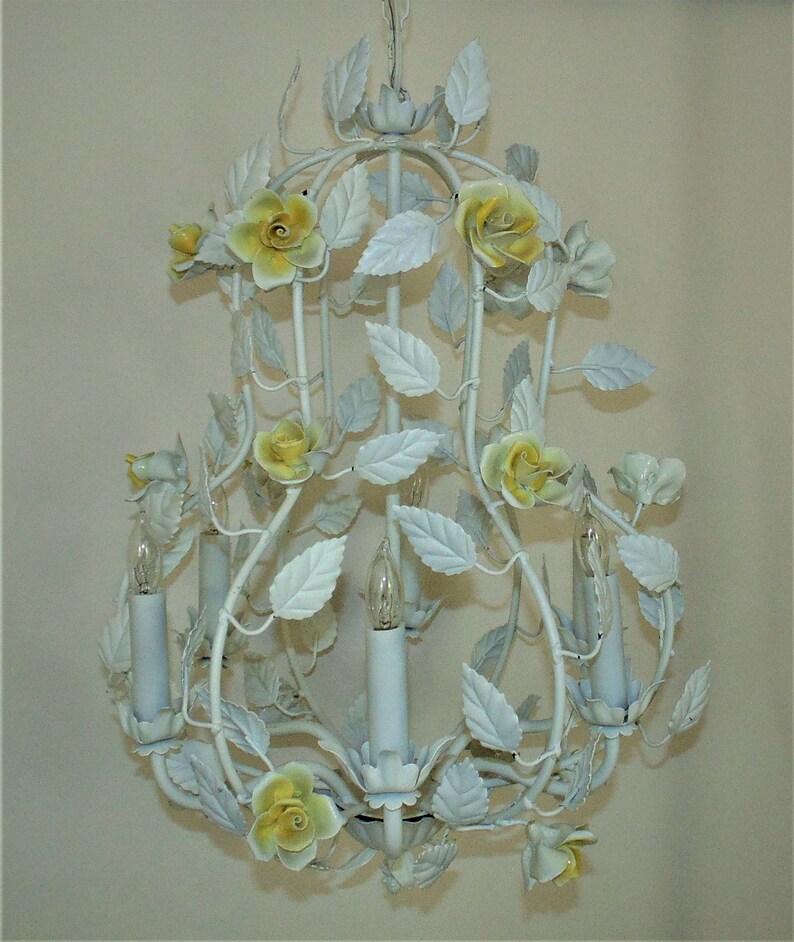 White Italian Tole Bird Cage Chandelier W Yellow Roses