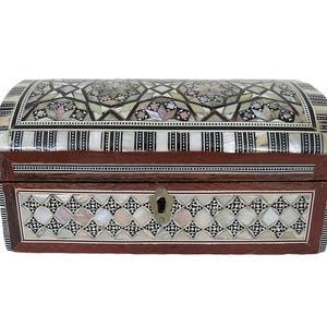 Vintage Inlaid Mosaic Mother of Pearl Jewelry Trinket Box Casket Abalone Middle Eastern Moorish