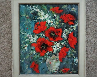 Erna Freisinger Mid Century Modern Still Life Abstract Oil Painting of Poppies in a Vase Flowers Floral