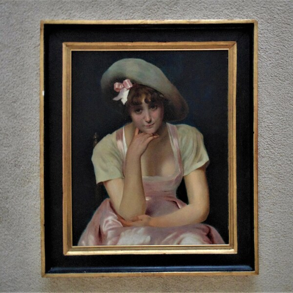 Antique French Portrait Painting Woman Lady in Pink 19c Oil on Canvas w/ Wood Frame France