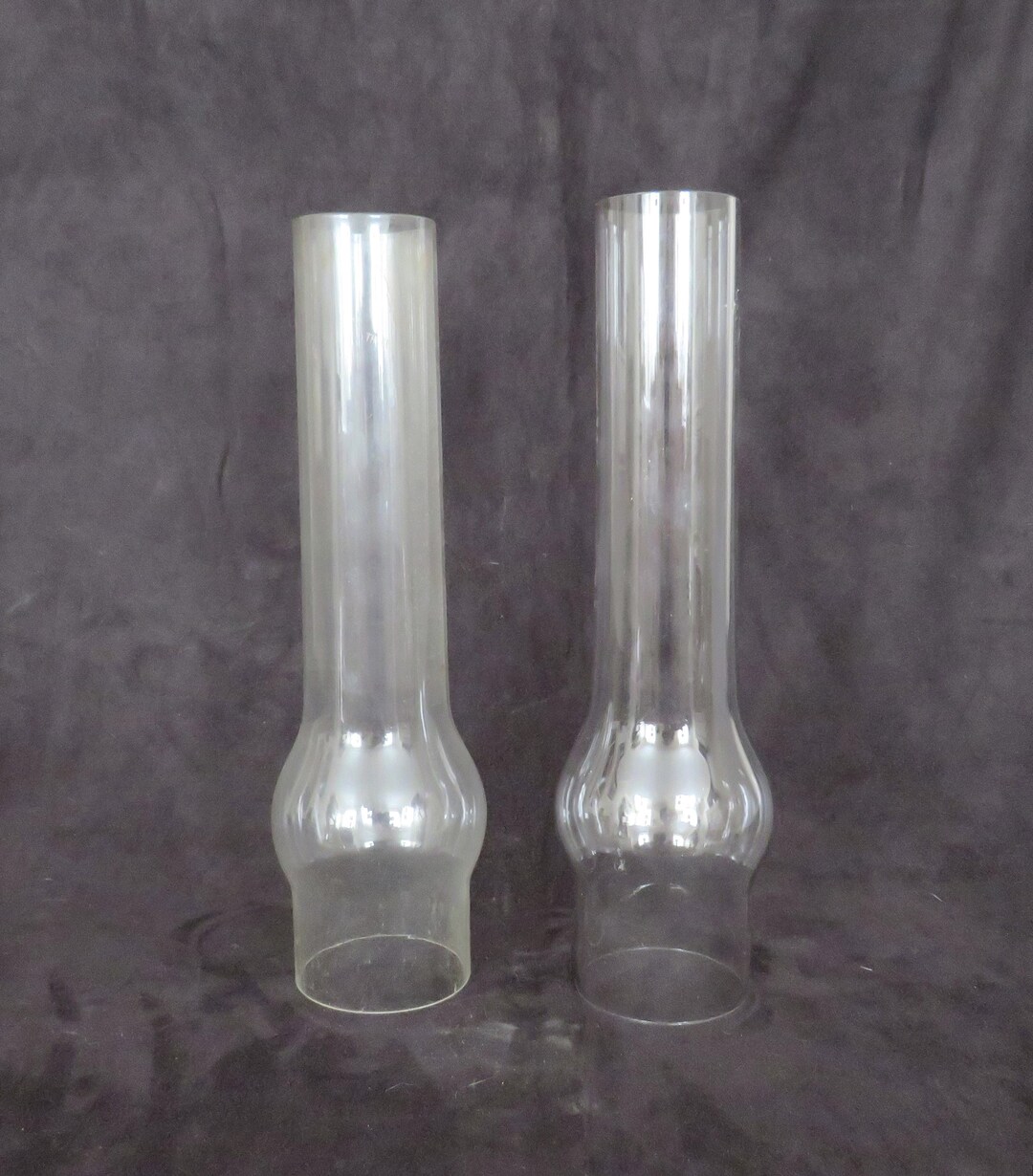 Pair of Antique Clear Glass 11 Chimneys for Oil or Kerosene Lamps 2 1/2