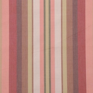 May include: A striped fabric with alternating bands of pink, red, brown, beige, and white.