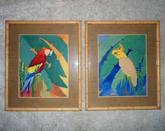 Vintage Pair of Parrots Oil on Canvas Original Painting Aprox 12 X 11 Artist Signed Ernest Kennedy ENK
