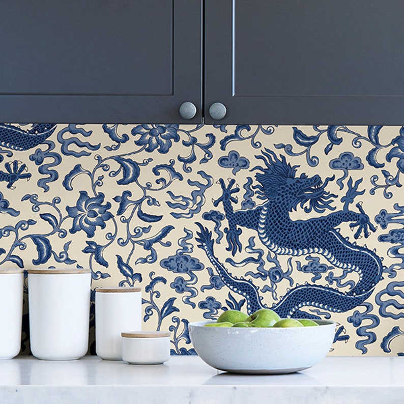 1 of 10 Rolls Scalamandre Chinoiserie Chi'en Dragon Self-Adhesive Designer Wallpaper Wallcovering in Indigo Blue