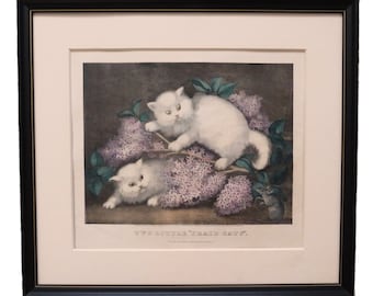 Vintage Currier & Ives 'Two Little Fraid Cats' with Lilacs Lithograph Print