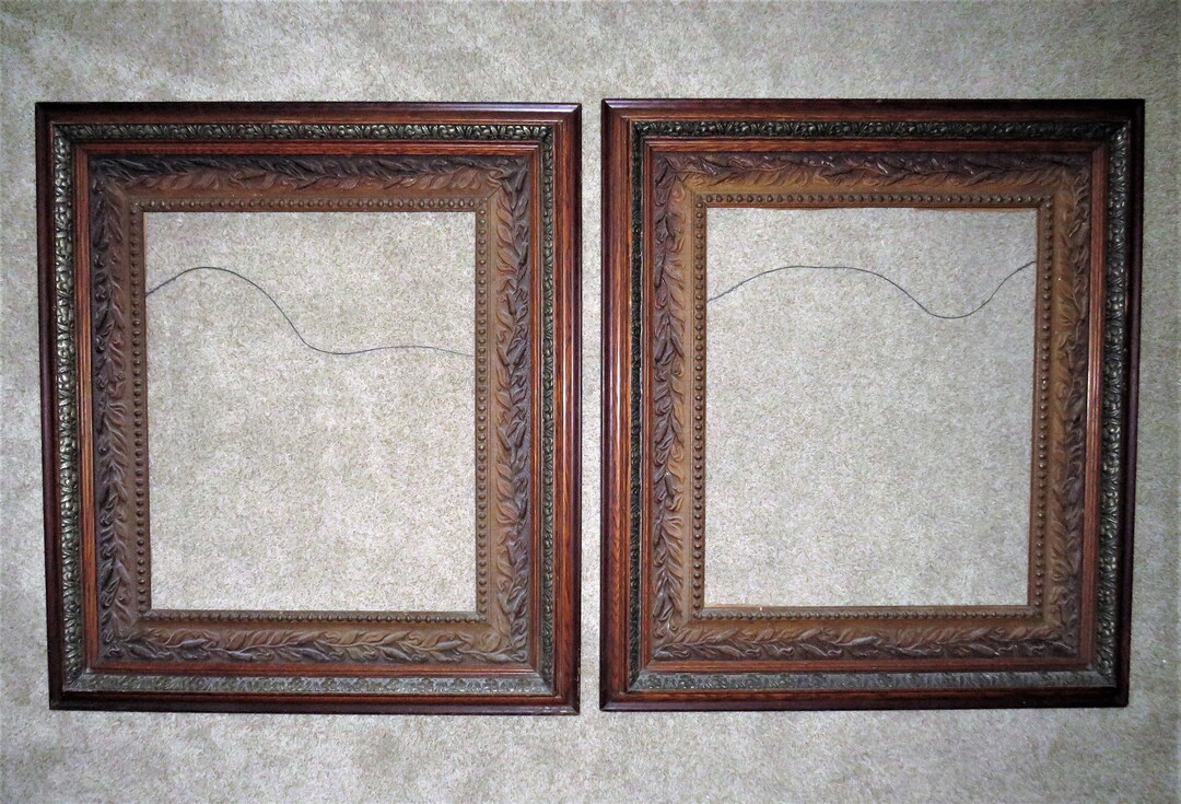 Pair LARGE Antique Picture Frames With Cattails Oak Wood and Gesso Arts