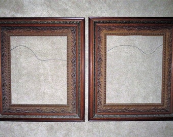 Pair LARGE Antique Picture Frames with Cattails Oak Wood and Gesso Arts & Crafts Mission Bungalow
