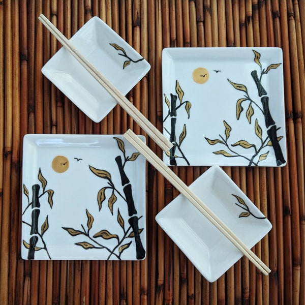Sushi Plate Ramekin Set for 2 Hand Painted Gold and Black Bamboo design on porcelain plates unique plate set chop sticks included