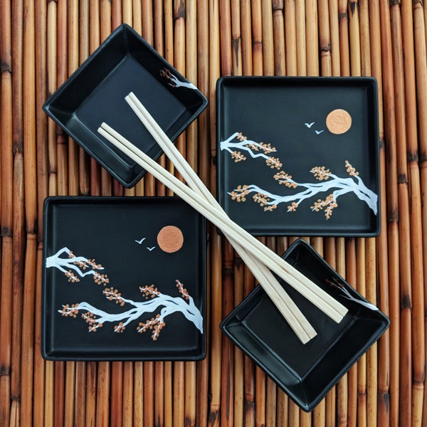 Sushi Plate Ramekin Set for 2 Hand Painted Copper Cherry Blossom design on black matte stone plates unique serving set chop sticks included