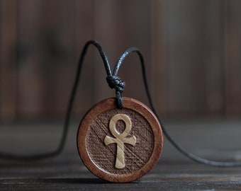 Wood Necklace-Egyptian Necklace,Ankh Necklace, Egyptian Carved Jewelry. Egyptian Talisman.