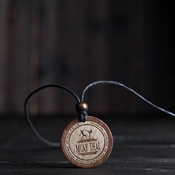 Wood Necklace-Muay Thai Pendant, Martial Art Necklace, Carved from Solid Sycamore Wood. Gift for Muay Thai Fighter.