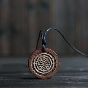 Wood Necklace-Sri Yantra Pendant, Shri Yantra, Yoga Meditation Necklace -Sri Chakra Pendant Amulet. Handmade Spiritual Wooden Necklace.