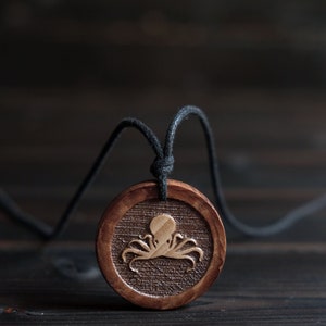 Octopus Pendant Necklace in Solid Beech Wood.