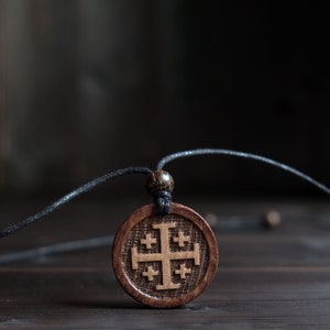 Wood Necklace-Wooden Cross Necklace-Jerusalem Cross (Crusaders Cross)-Pendant/Necklace, Handmade Gift. Catholic Cross Wooden Amulet.